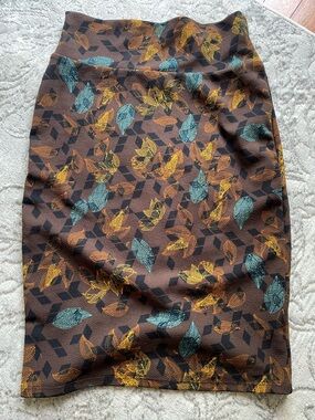 LuLaRoe Cassie Brown Pencil Skirt with Teal & Mustard Leaf Print